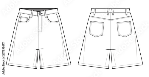 Denim shorts technical fashion illustration. Retro Jorts fashion vector template. Front and back view. Casual Streetwear.  Baggy loose fit. Men’s wear. CAD mockup set.