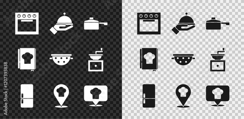 Set Oven, Covered with tray, Frying pan, Refrigerator, Chef hat location, Cookbook and Kitchen colander icon. Vector