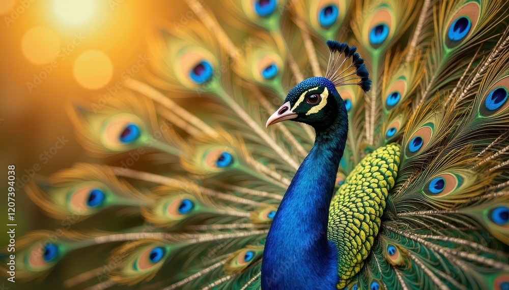 Fototapeta premium Vibrant Peacock Feathers Against a Blurred Background: A Captivating Scene