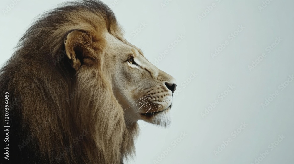 A stunning portrait of a lion, its thick mane resembling a king crown, set against a white background to showcase its imposing yet graceful nature. A stunning portrait of a lion, its thick mane resembling a king crown, set against a white background to showcase its imposing yet graceful nature.