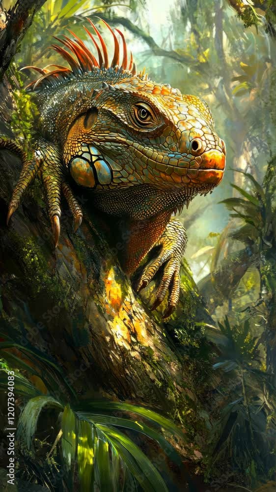 Lizard basking on tree trunk in dense tropical forest during sunlight Lizard basking on tree trunk in dense tropical forest during sunlight