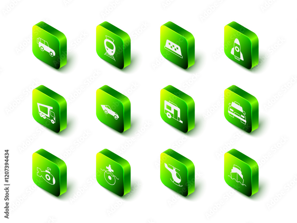 Set Tram and railway, Taxi car roof, Rocket ship, Cruise, Rv Camping trailer, Helicopter and Submarine icon. Vector Set Tram and railway, Taxi car roof, Rocket ship, Cruise, Rv Camping trailer, Helicopter and Submarine icon. Vector