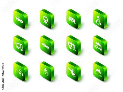 Set Tram and railway, Taxi car roof, Rocket ship, Cruise, Rv Camping trailer, Helicopter and Submarine icon. Vector