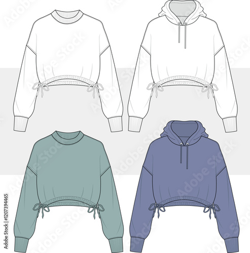 Women's off shoulder hoodie sweatshirt long sleeve with drawstring adjustable hem fashion flat sketch technical drawing template design vector, white, cad, mockup.