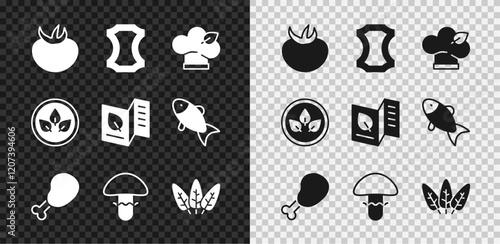 Set Tomato, Leather, Vegan food diet, Chicken leg, Mushroom, Leaf, and Vegetarian menu icon. Vector