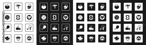 Set Apple and banana, No leather, Cookie or biscuit, Tomato, Heart rate, Carrot, Genetically modified chicken and Chicken leg icon. Vector