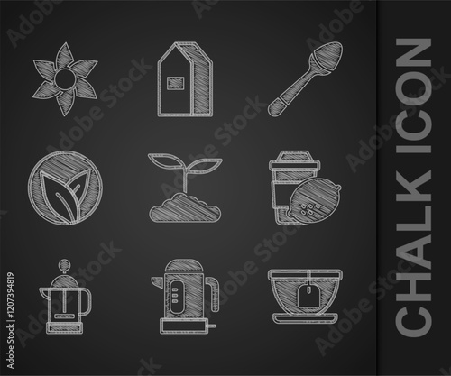 Set Tea leaf, Electric kettle, Cup with tea bag, of lemon, French press, Teaspoon and Flower icon. Vector