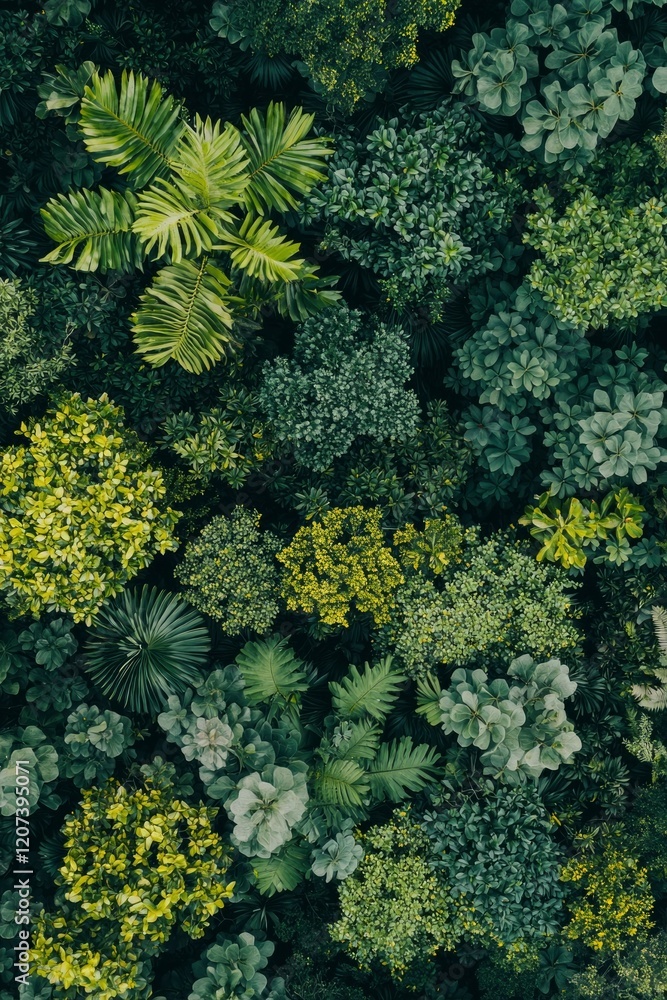 Naklejka premium Lush Green Tropical Foliage Wall Display