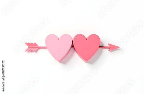 Two pink hearts pierced by a matching pink arrow on a white background is a charming design for romantic-themed stationery or promotional materials. Selective focus