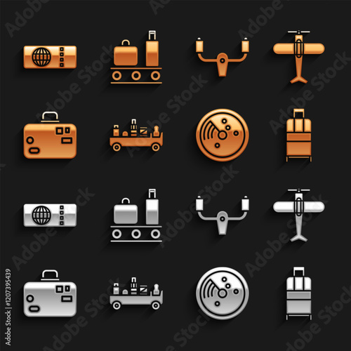 Set Airport luggage towing truck, Plane, Suitcase, Radar with targets on monitor, Aircraft steering helm, Airline ticket and conveyor belt suitcase icon. Vector