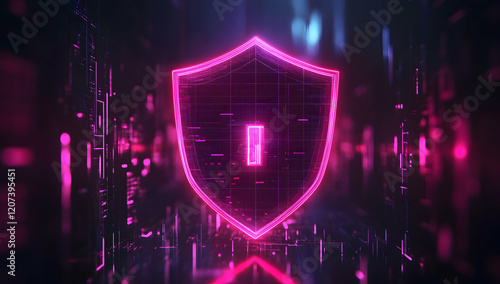 A shield icon glowing with neon lights on top of an abstract digital background,