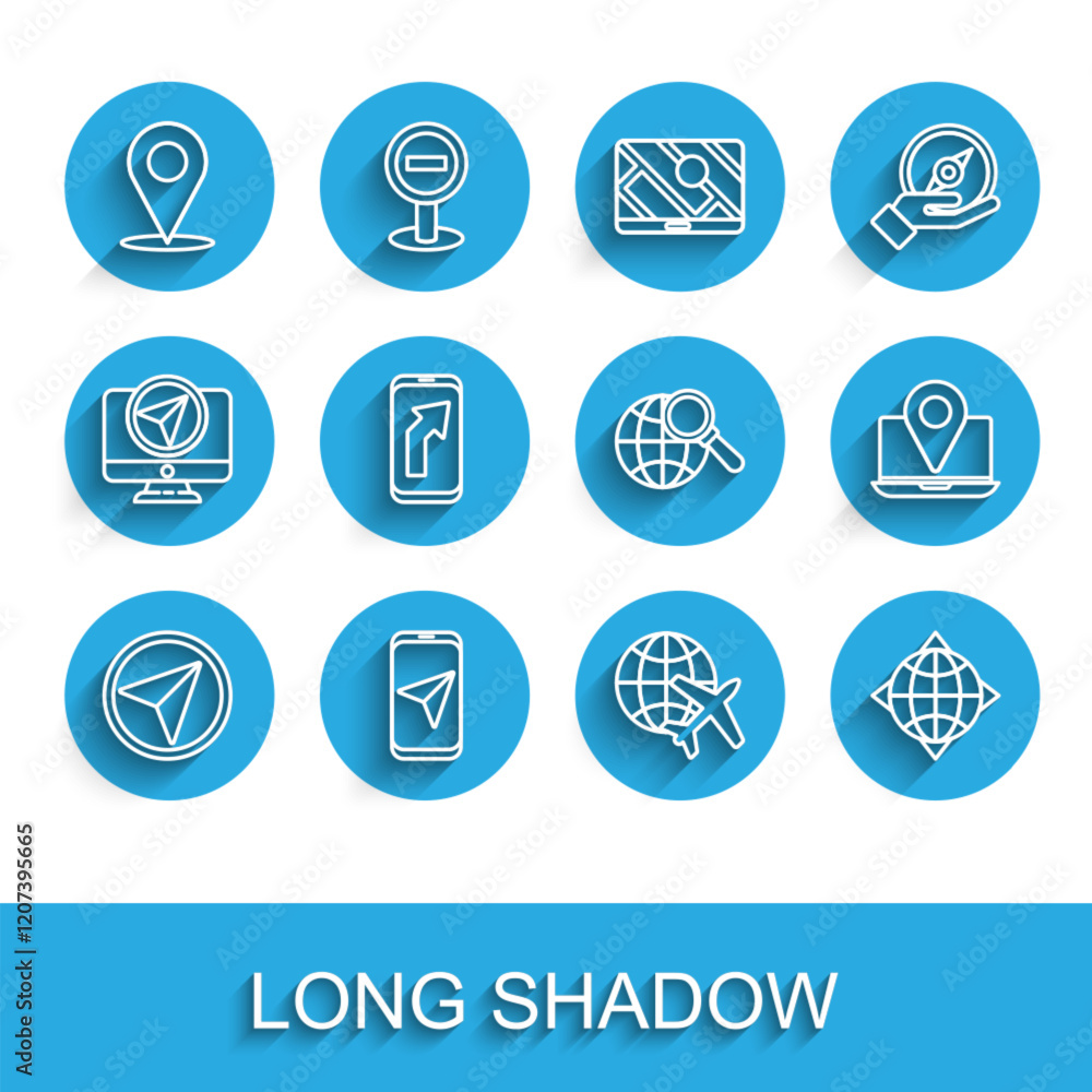 Set line Infographic of city map navigation, City, Location, Globe with flying plane, World globe compass, Laptop location marker and Magnifying glass icon. Vector Set line Infographic of city map navigation, City, Location, Globe with flying plane, World globe compass, Laptop location marker and Magnifying glass icon. Vector