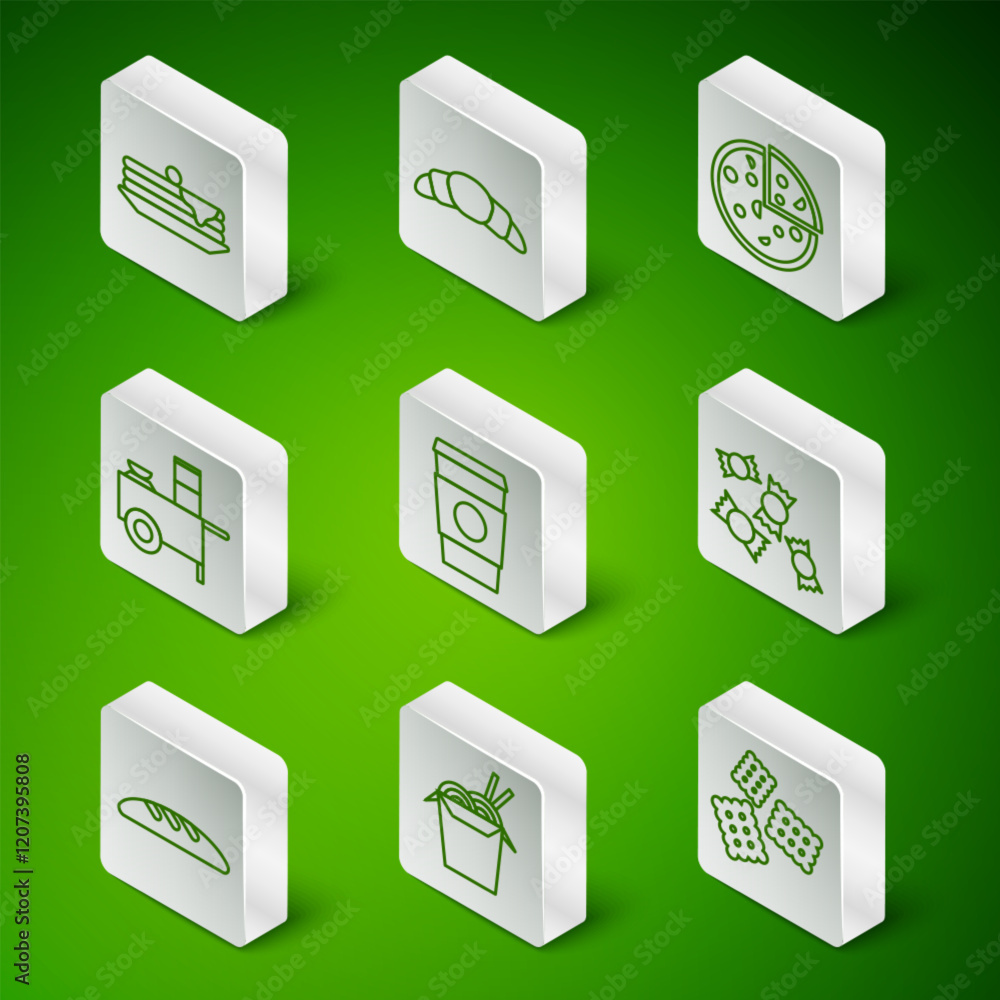 Set line Cracker biscuit, Asian noodles and chopsticks, Stack of pancakes, Coffee cup to go, Fast street food cart, Croissant, Bread loaf and Candy icon. Vector Set line Cracker biscuit, Asian noodles and chopsticks, Stack of pancakes, Coffee cup to go, Fast street food cart, Croissant, Bread loaf and Candy icon. Vector