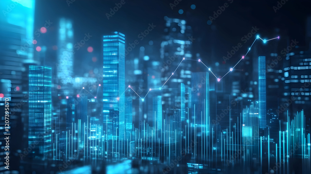Futuristic City Skyline with Financial Graph Overlay at Night Futuristic City Skyline with Financial Graph Overlay at Night