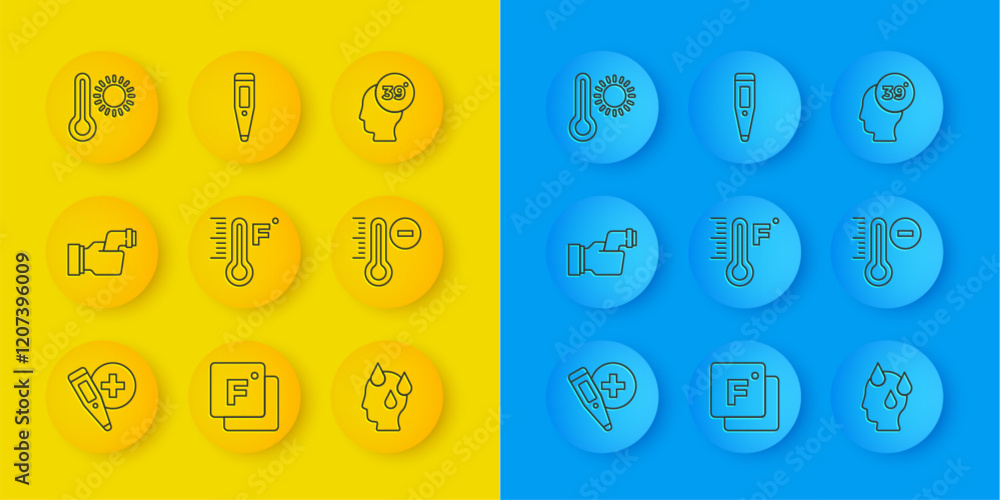 Set line Digital thermometer, Checking body temperature, Meteorology, High human, and icon. Vector Set line Digital thermometer, Checking body temperature, Meteorology, High human, and icon. Vector