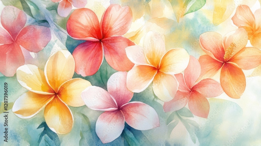 Vibrant Plumeria Watercolor Painting, Tropical Flowers, Soft Background, Print Design Vibrant Plumeria Watercolor Painting, Tropical Flowers, Soft Background, Print Design
