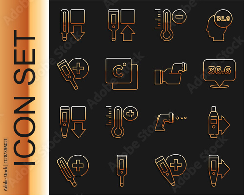 Set line Digital thermometer, Medical, Meteorology, Celsius, and Checking body temperature icon. Vector