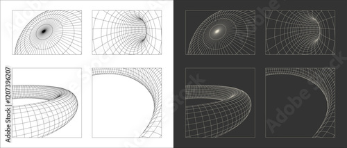 Set Torus and sphere Vector graphic asset in a retro futuristic style, featuring wireframe elements in various forms and bold modern shapes, design templates, posters, banners, clothing, stickers Y2k 