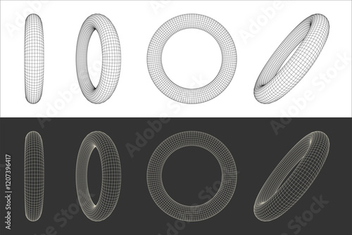 Set Vector Torus graphic asset in a retro futuristic style, featuring wireframe elements in various forms and bold modern shapes, ideal for design templates, posters, banners, clothing, stickers Y2k