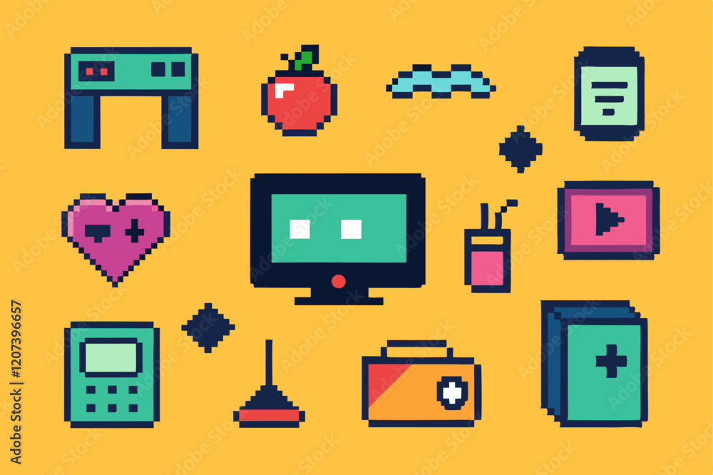 Retro pixelated icons collection featuring technology and gaming elements for web design Retro pixelated icons collection featuring technology and gaming elements for web design