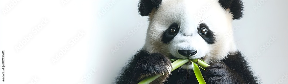 Naklejka premium A cute panda eating bamboo, showcasing its playful and gentle nature.