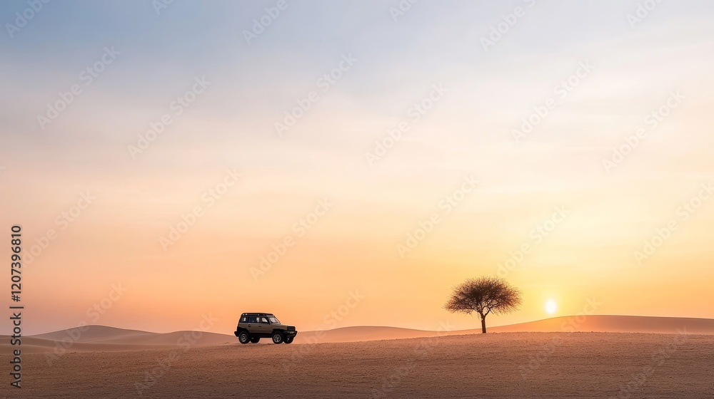 A solitary vehicle parked in a vast desert landscape during sunset, with a single tree silhouetted against the colorful sky and rolling sand dunes A solitary vehicle parked in a vast desert landscape during sunset, with a single tree silhouetted against the colorful sky and rolling sand dunes