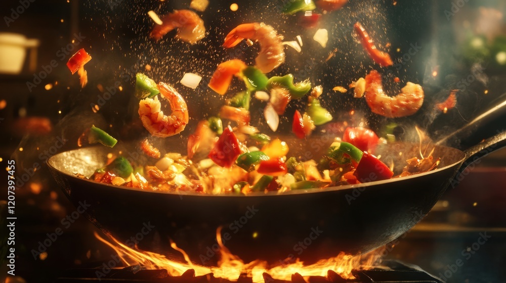 A super slow-motion shot of a wok pan in action, with shrimp, bell peppers, and onions flipping mid-air as the flames beneath the wok flicker intensely A super slow-motion shot of a wok pan in action, with shrimp, bell peppers, and onions flipping mid-air as the flames beneath the wok flicker intensely