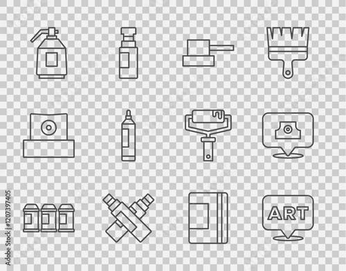 Set line Paint spray can, Speech bubble with text art, Spray nozzle cap, Marker pen, gun, Spiral notebook and icon. Vector