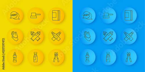 Set line Marker pen, Rubber gloves, Paint spray can, Bolt cutter, Speech bubble with text art, Spiral notebook and Spray nozzle cap icon. Vector