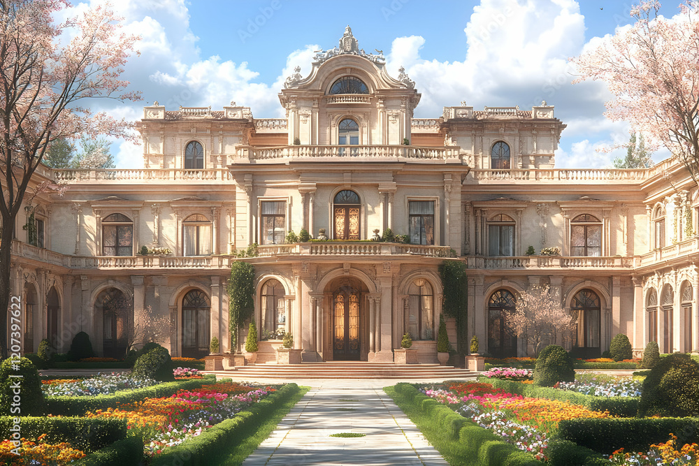 Fototapeta premium Grand Palace with Spring Blossoms and Colorful Gardens