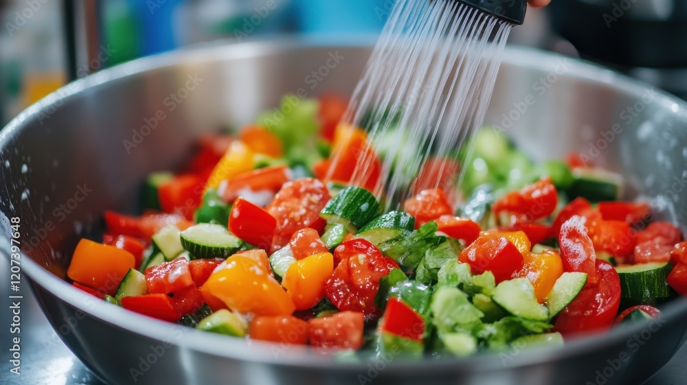 Food safety water splashed. A colorful salad being prepared in a bowl, featuring fresh vegetables like tomatoes, cucumbers, and peppers, with seasoning being added. Food safety water splashed. A colorful salad being prepared in a bowl, featuring fresh vegetables like tomatoes, cucumbers, and peppers, with seasoning being added.