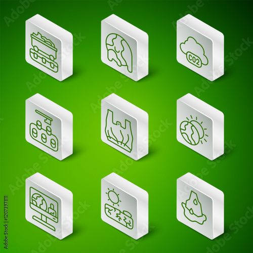 Set line Glacier melting, Drought, Coal train wagon, Say no to plastic bags poster, Deforestation, Global warming, Weather forecast and icon. Vector