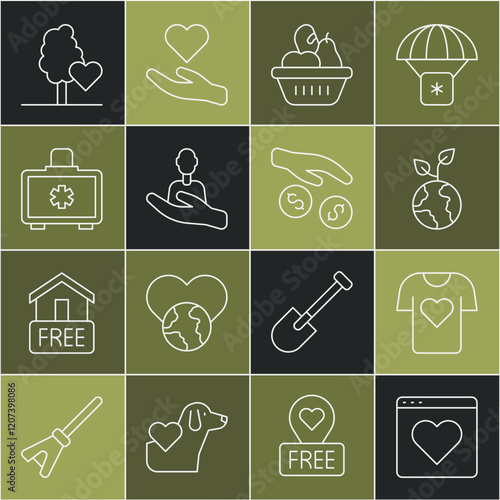 Set line Dating app online, Clothes donation, Volunteer team planting trees, Donation food box, Caring for people, First aid kit, and and charity icon. Vector