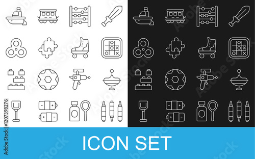 Set line Marker pen, Whirligig toy, Tic tac toe game, Abacus, Puzzle pieces, Fidget spinner, Toy boat and Roller skate icon. Vector