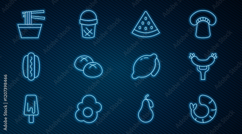 Set line Shrimp, Sausage on the fork, Watermelon, Bread loaf, Hotdog, Asian noodles in bowl, Lemon and Ice cream waffle icon. Vector Set line Shrimp, Sausage on the fork, Watermelon, Bread loaf, Hotdog, Asian noodles in bowl, Lemon and Ice cream waffle icon. Vector