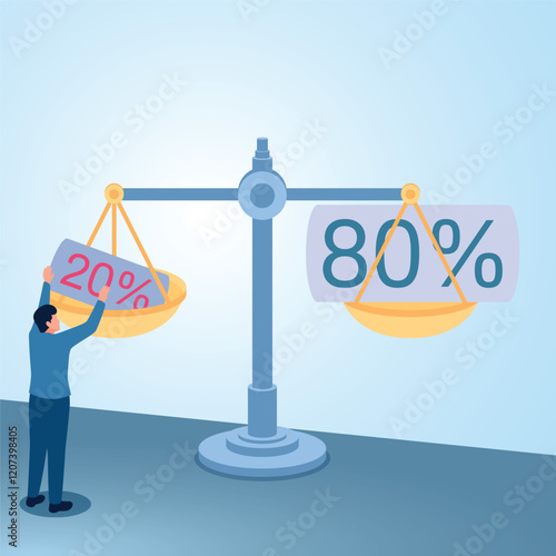 A man puts the number 20 on the scale and it balances with the number 80. Illustration for the Pareto principle in business.