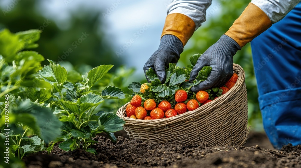 Fototapeta premium Strawberry Harvesting: A Farmer's Delicate Touch