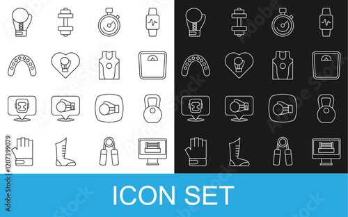 Set line Boxing ring, Weight, Bathroom scales, Stopwatch, glove, Mouth guard boxer, and jersey and t-shirt icon. Vector
