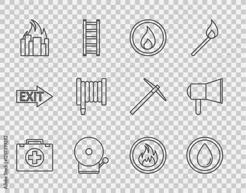 Set line First aid kit, Water drop, Fire flame, Ringing alarm bell, burning buildings, hose reel, and Megaphone icon. Vector