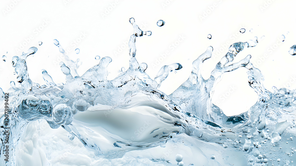Splashes of Clear Water on White Background with Droplets and Waves Splashes of Clear Water on White Background with Droplets and Waves