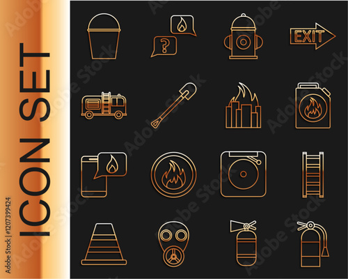 Set line Fire extinguisher, escape, Canister for flammable liquids, hydrant, shovel, truck, bucket and burning buildings icon. Vector
