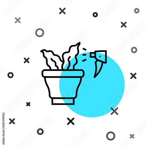Black line Spraying a house plant with a spray gun icon isolated on white background. Moistening of foliage. Care for home flowers. Random dynamic shapes. Vector