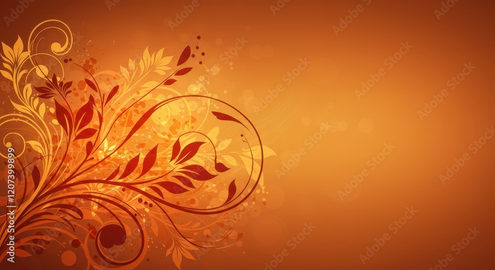 Elegant floral abstract background with autumn leaves and swirls on a warm orange canvas Elegant floral abstract background with autumn leaves and swirls on a warm orange canvas
