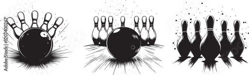 Silhouette of a bowling ball hitting all pins in a strike vector silhouette