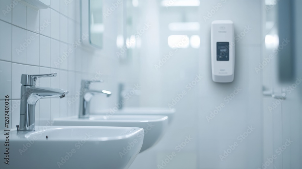Fototapeta premium A clean, modern restroom featuring white sinks and a wall-mounted soap dispenser, emphasizing hygiene and functionality.