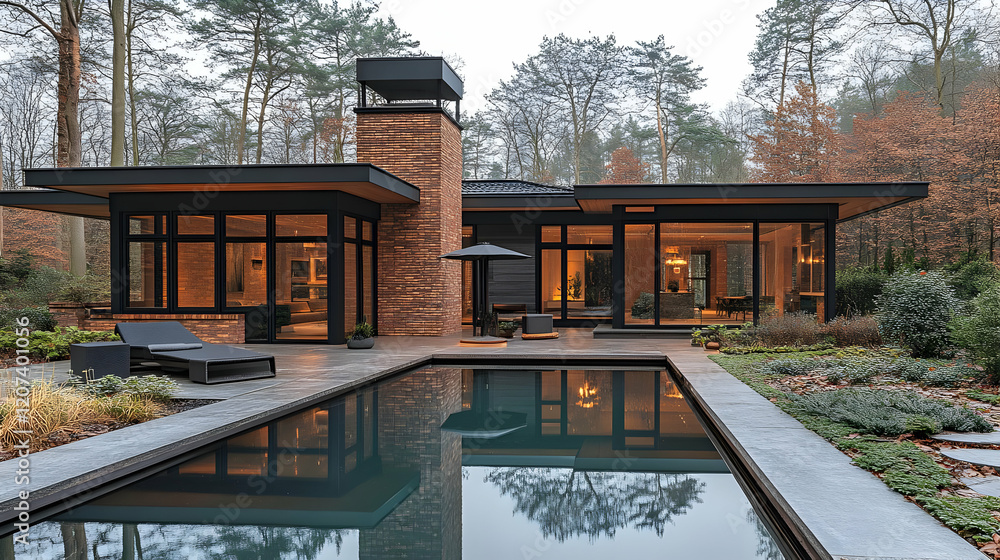 Fototapeta premium Modern House with Pool and Winter Landscape at Night