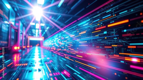 Digital art depicting a futuristic sci-fi scene with bright lens flares. Vibrant colors and dynamic light streaks accentuate the advanced technology theme