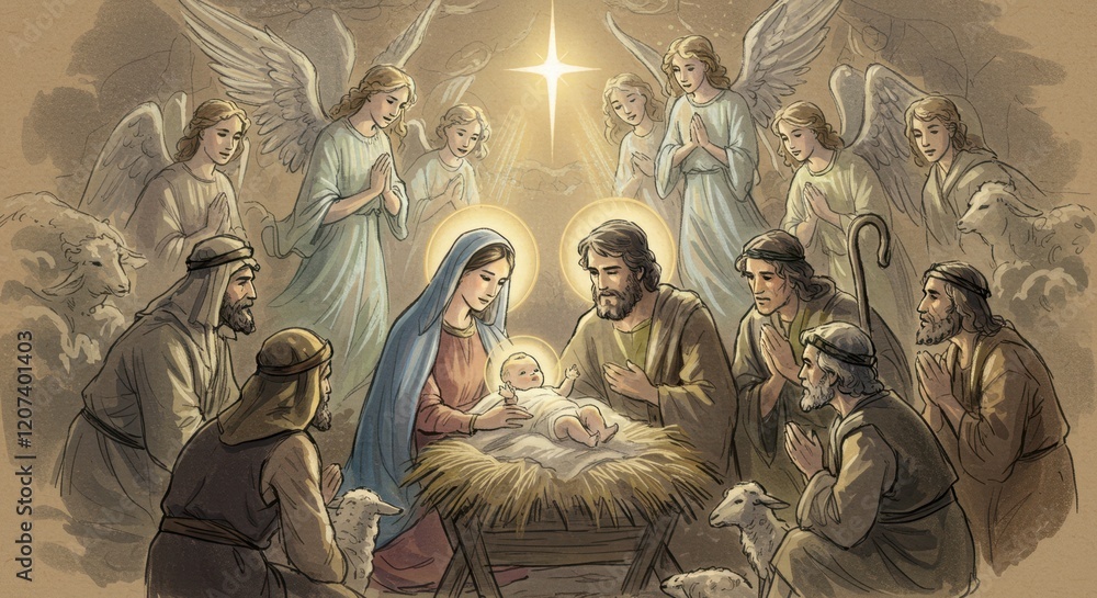 Nativity scene with mary, joseph, baby jesus, and angels in a manger under a starry sky Nativity scene with mary, joseph, baby jesus, and angels in a manger under a starry sky