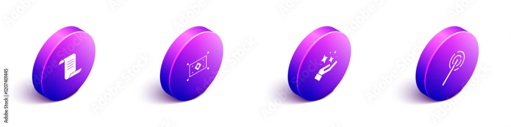 Set Isometric Ancient magic book, Magic carpet, Sparkle stars with trick and wand icon. Vector Set Isometric Ancient magic book, Magic carpet, Sparkle stars with trick and wand icon. Vector