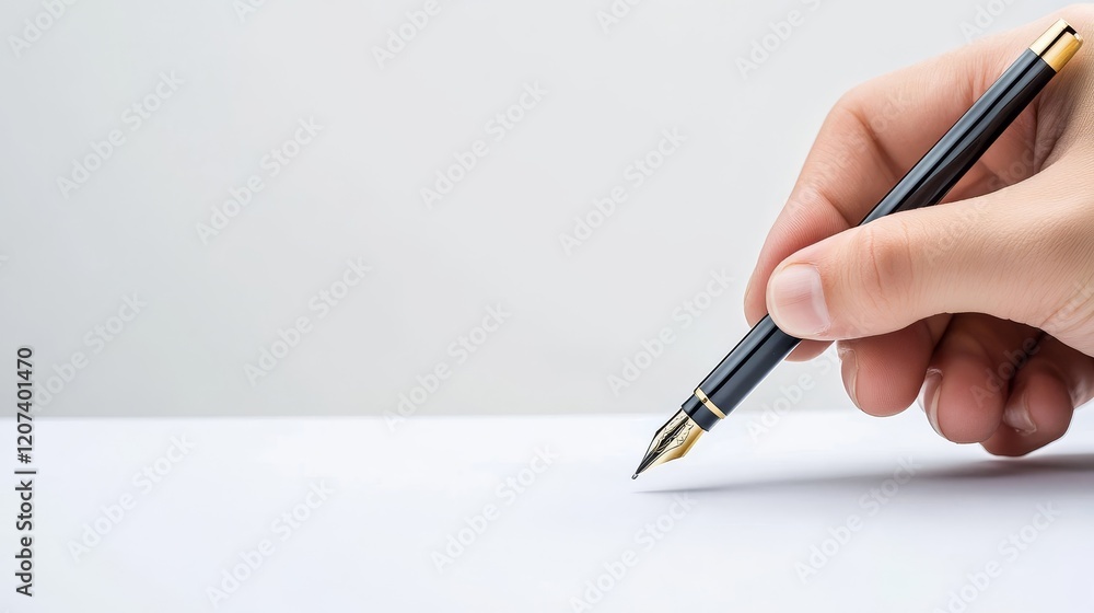 Elegant Hand Holding Classic Fountain Pen Ready to Write on Blank White Paper Surface in Minimalist Setting